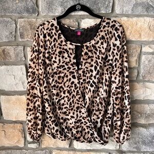 Vince Camuto Leopard Animal Print Wrap Long Sleeve Blouse Sz S